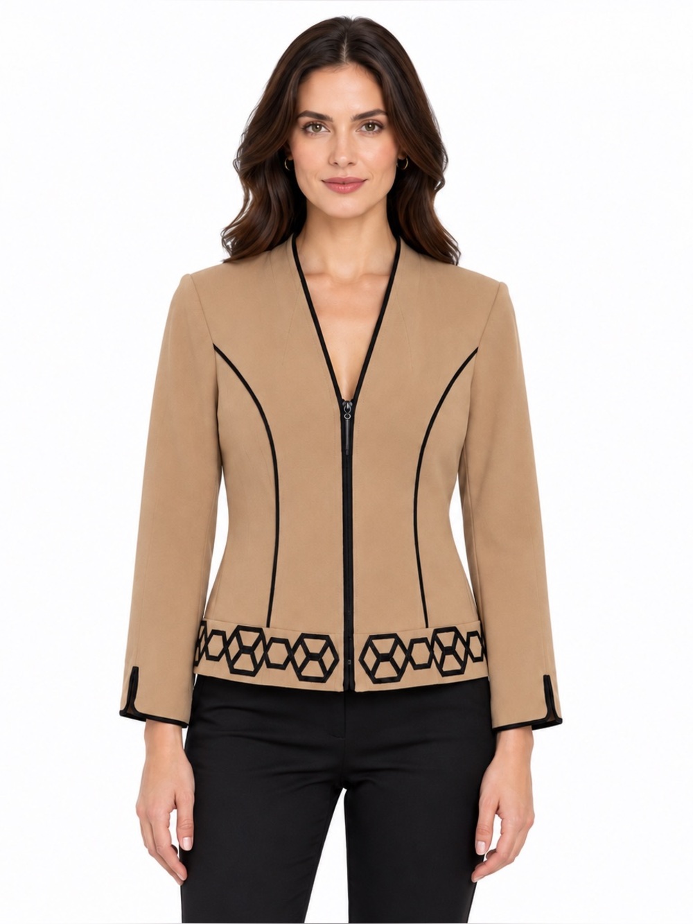 Vintage Sag Harbor Camel Black Trim Zip Jacket 6P Small Petite